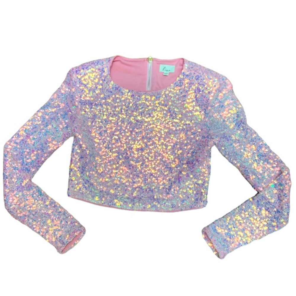 LENA Scream Queens Pink Sequin Sparkly Long Sleeve Cropped Shirt Womens SZ Small